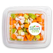 onions, celery, and carrots cut up and mixed together in a plastic container