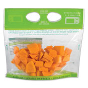 Clear plastic bag filled with butternut squash pieces